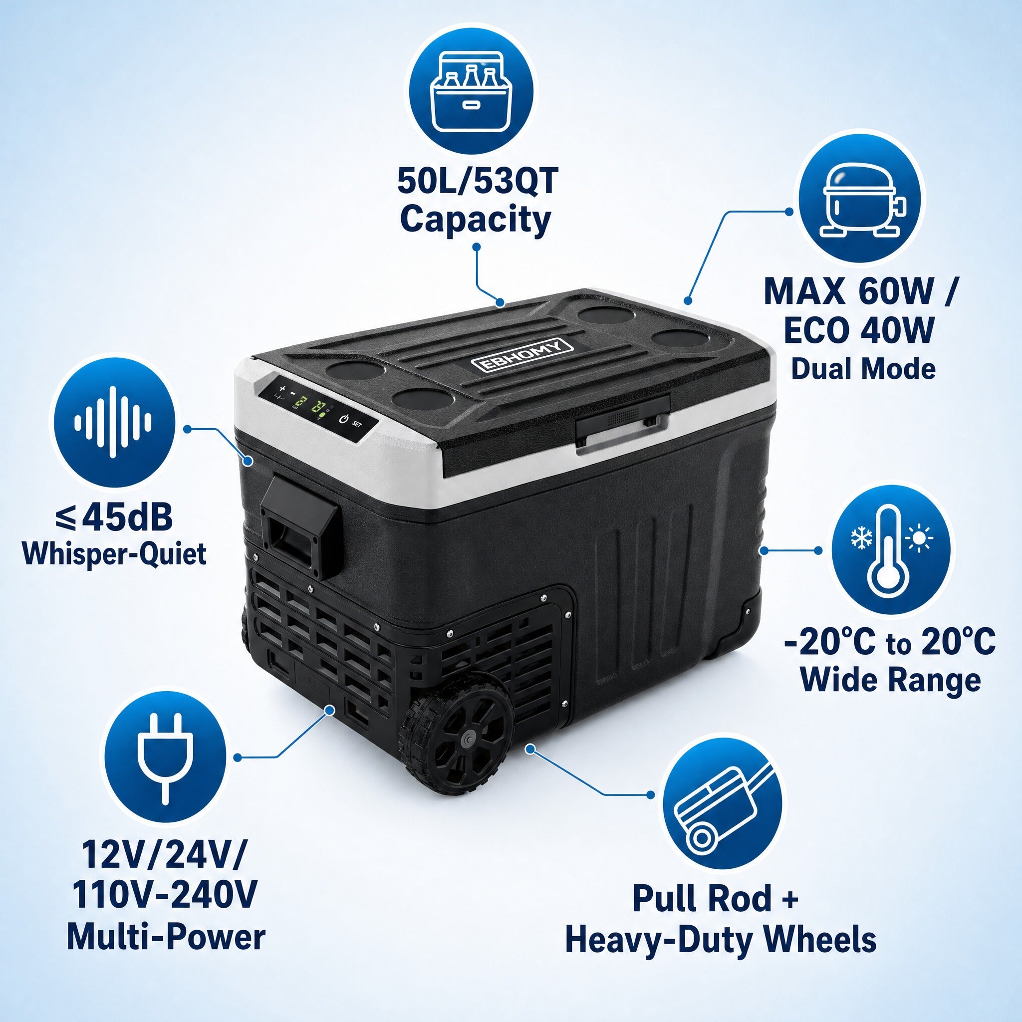 Pabuluer Overland Series 50L (53QT) Portable Refrigerator & Deep Freezer with All-Terrain Wheels