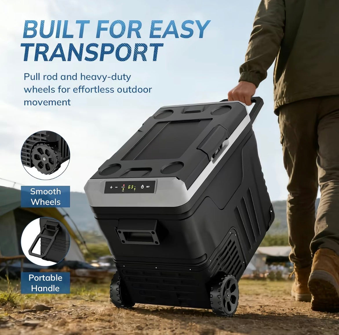 Pabuluer Overland Series 50L (53QT) Portable Refrigerator & Deep Freezer with All-Terrain Wheels