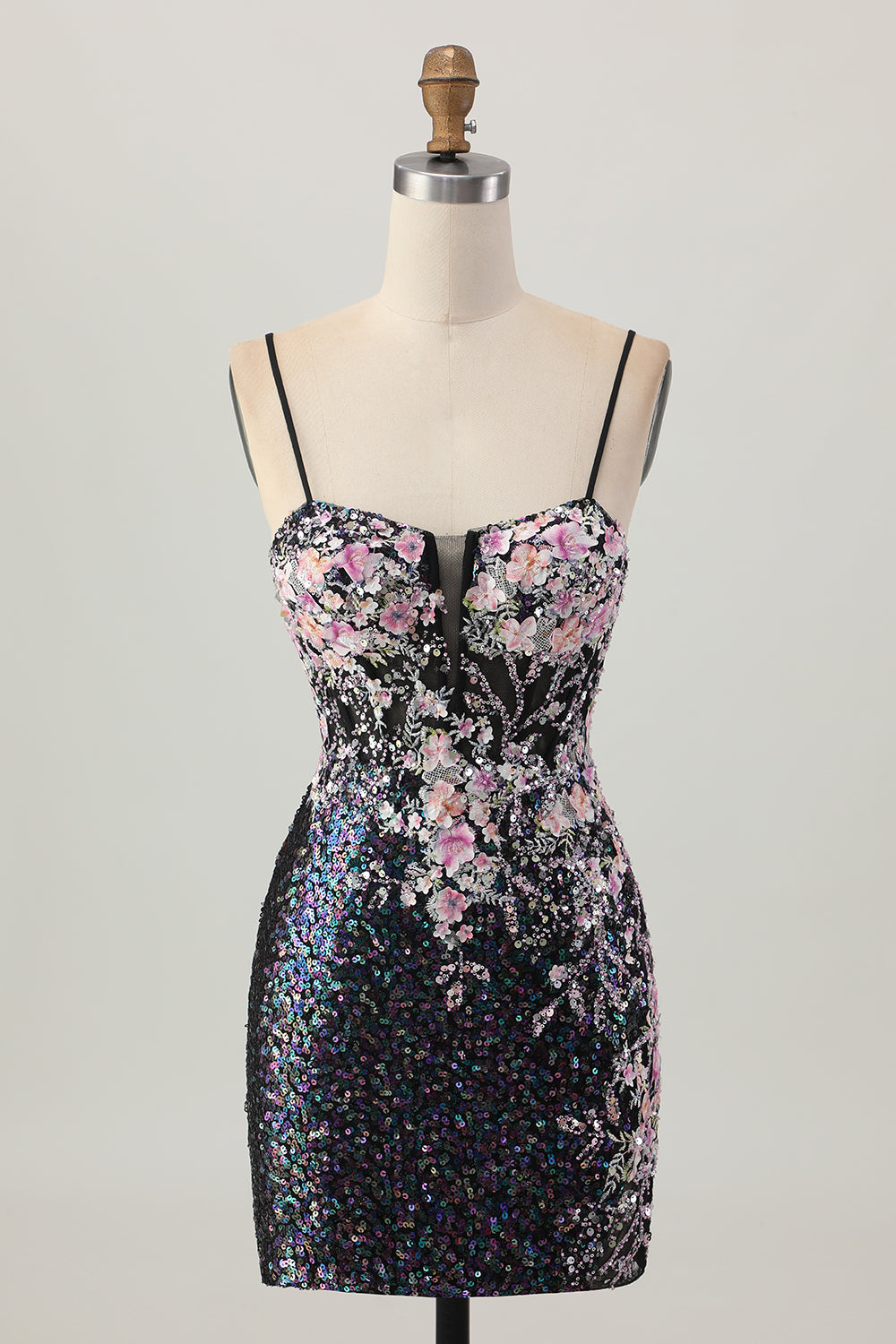 Black Floral Corset Tight Short Sparkly Sequins Homecoming Dress with Applique
