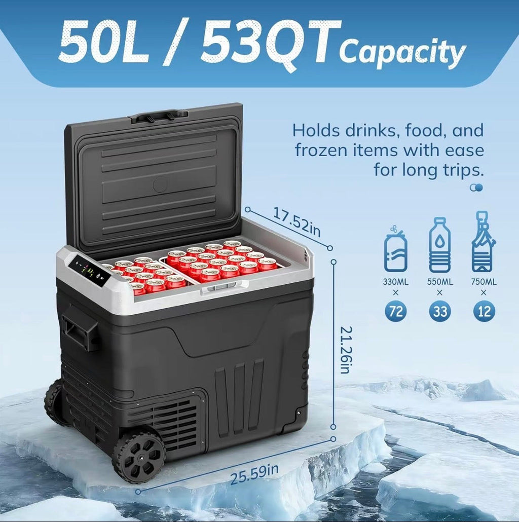 Pabuluer Overland Series 50L (53QT) Portable Refrigerator & Deep Freezer with All-Terrain Wheels