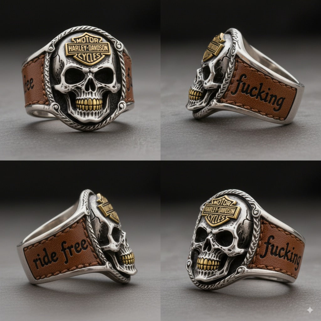 🔥 Handmade HD Skull Ring – Brass Teeth, Leather Band & Biker Attitude